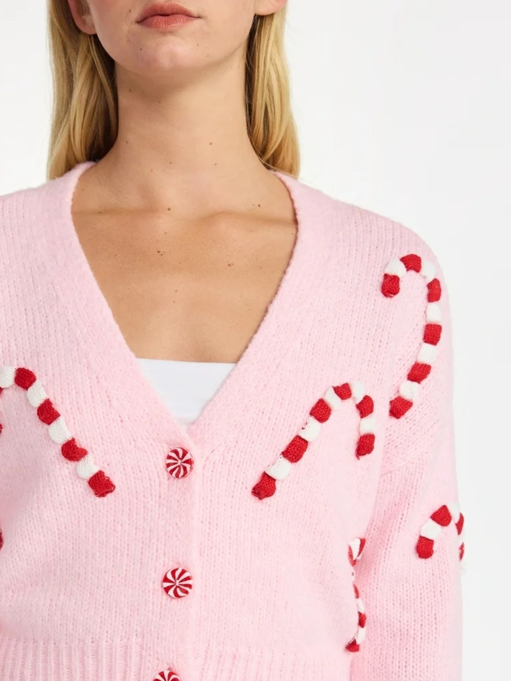 No Boundaries Women’s Pink Candy Cane Holiday Cardigan Sweater Size Large